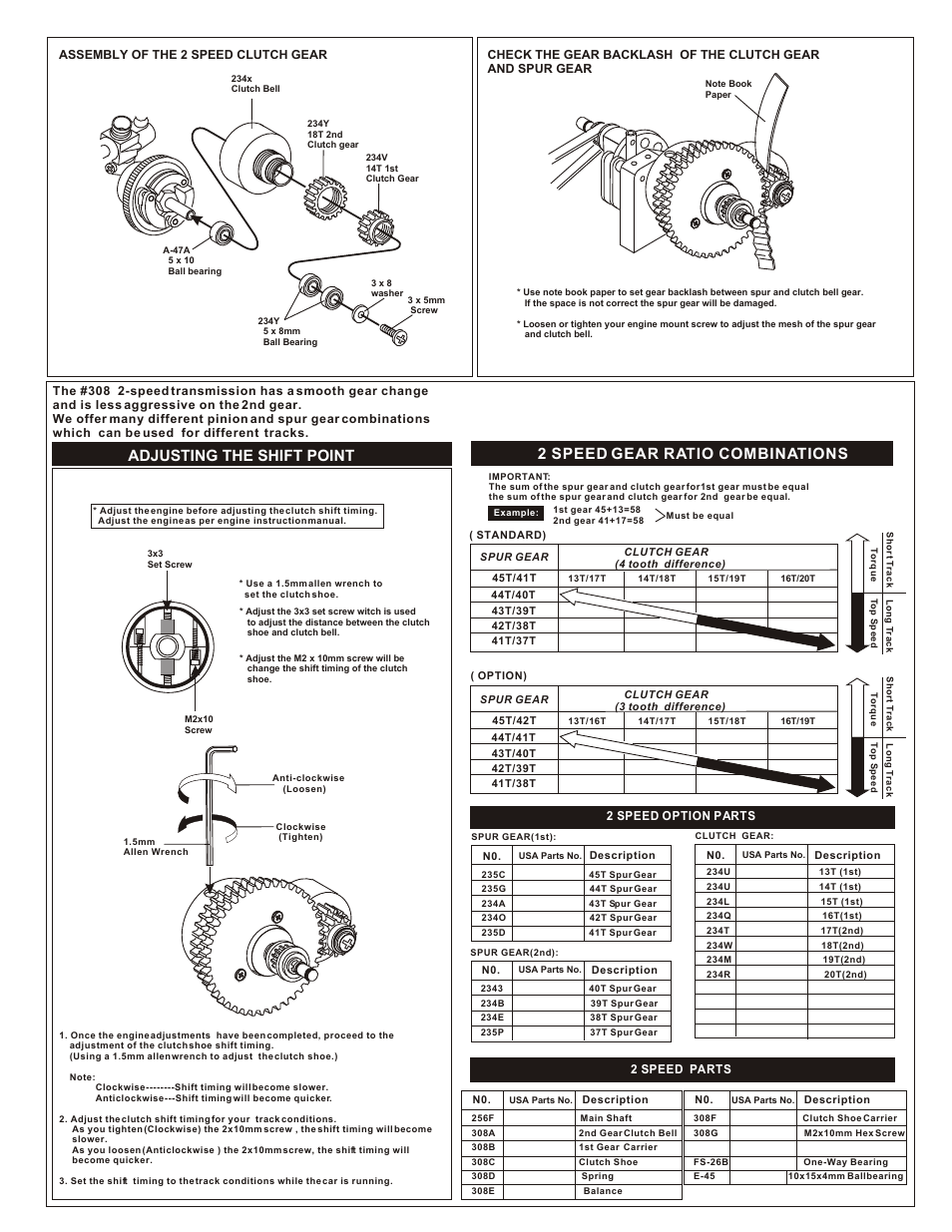 Adjusting the shift point, 2 speed gear ratio combinations | OFNA Racing 2-Speed, Shoe, HPI 1/10th Scale User Manual | Page 2 / 2