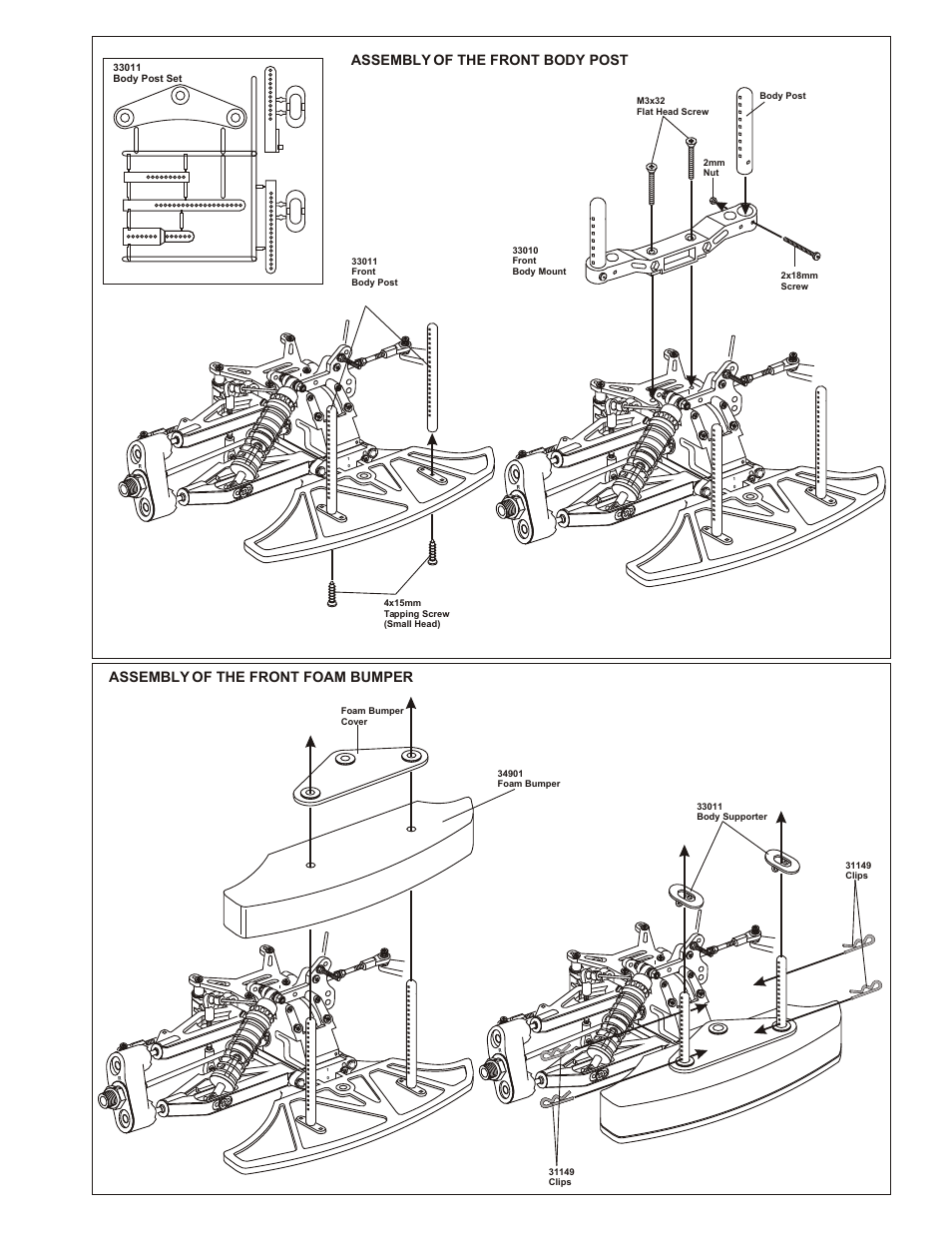Assembly of the front foam bumper, Assembly of the front body post | OFNA Racing GTP Conversion Kit User Manual | Page 3 / 6