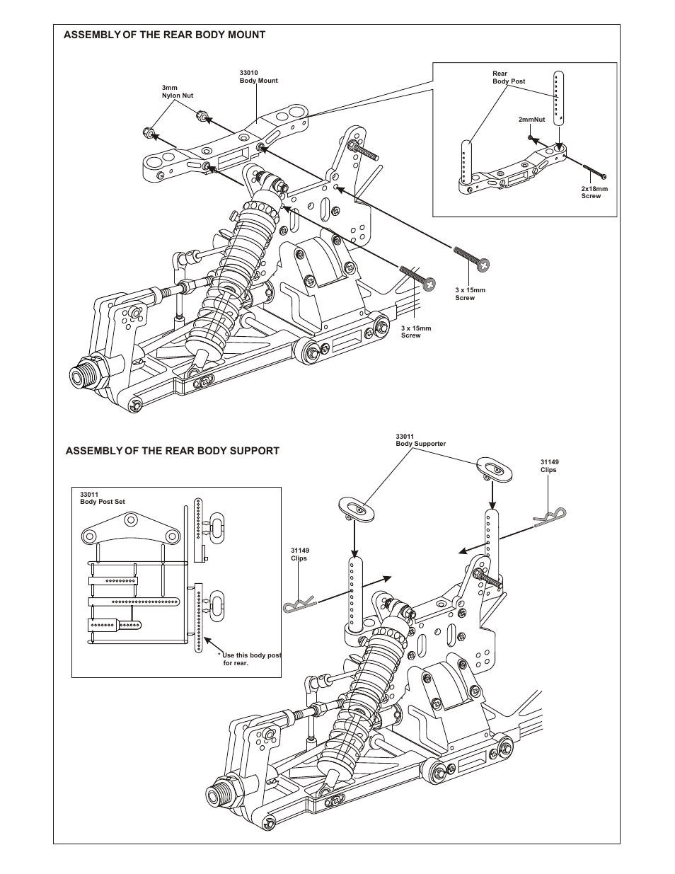 Assembly of the rear body support, Assembly of the rear body mount | OFNA Racing GTP Conversion Kit User Manual | Page 4 / 6