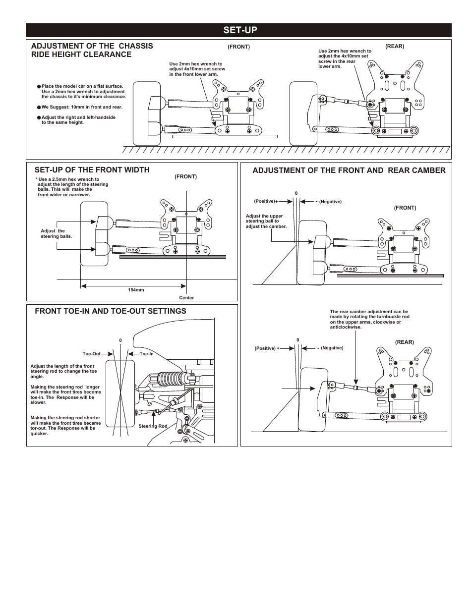 Set-up, Adjustment of the chassis ride height clearance, Adjustment of the front and rear camber | Set-up of the front width, Front toe-in and toe-out settings | OFNA Racing GTP Conversion Kit User Manual | Page 6 / 6