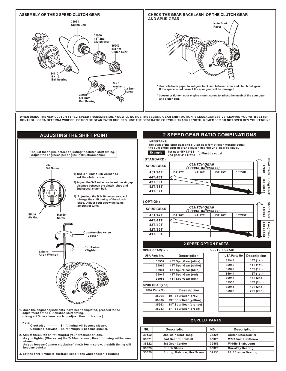 Adjusting the shift point, 2 speed gear ratio combinations | OFNA Racing 2-Speed, Shoe, OB4 Long 1/10th Scale -- 35017 User Manual | Page 5 / 5