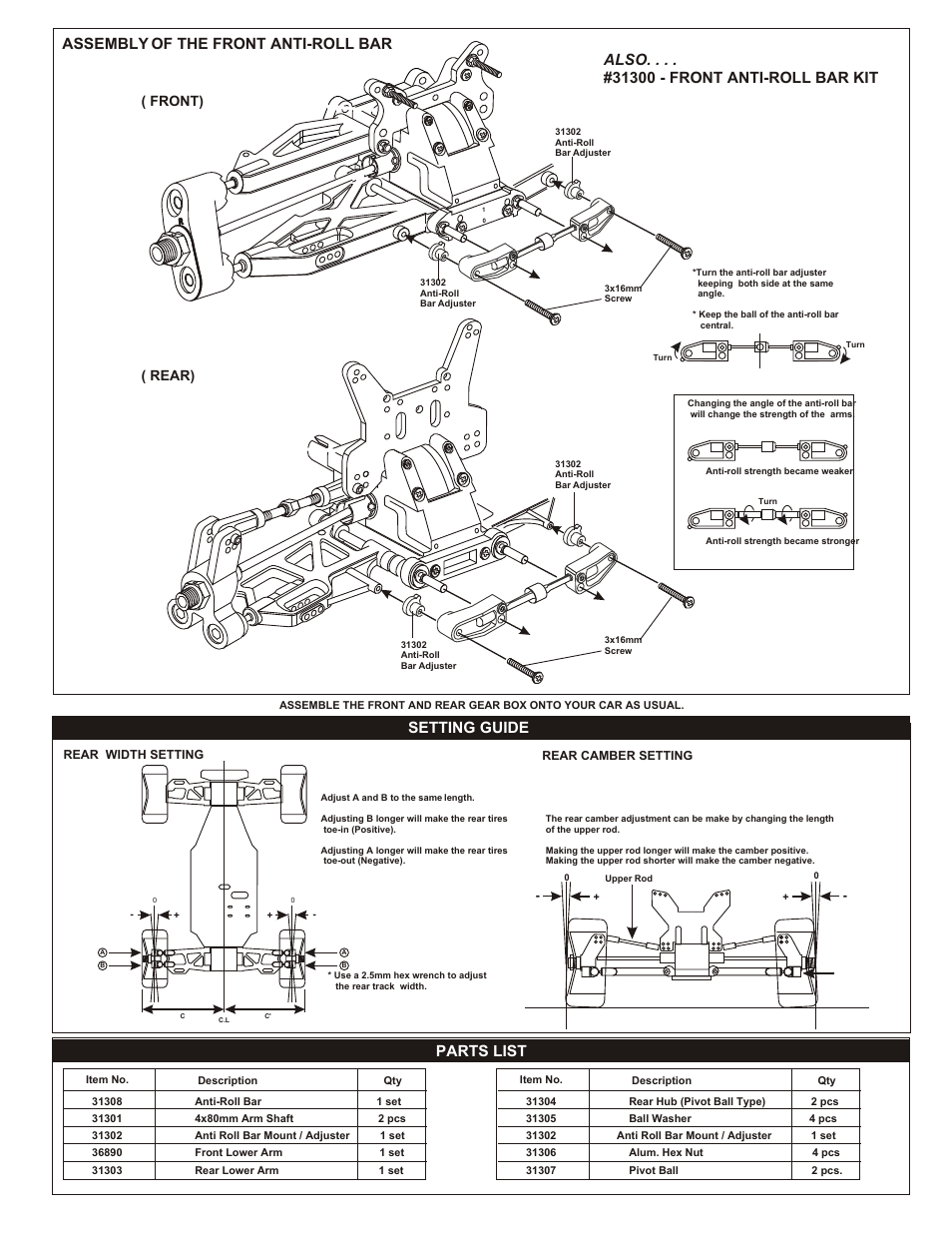 Setting guide, Parts list, Front) ( rear) | OFNA Racing GTP Rear Pivotball & Anti-roll Kit -- 31296 User Manual | Page 3 / 3