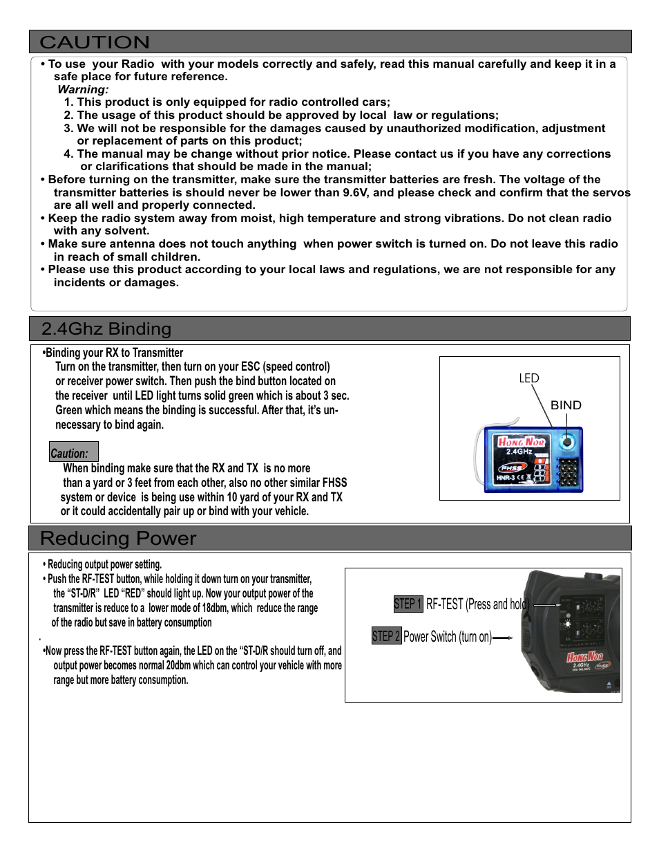 Reducing power, Caution, 4ghz binding | OFNA Racing 40991 Hong Nor RTR Radio User Manual | Page 3 / 11