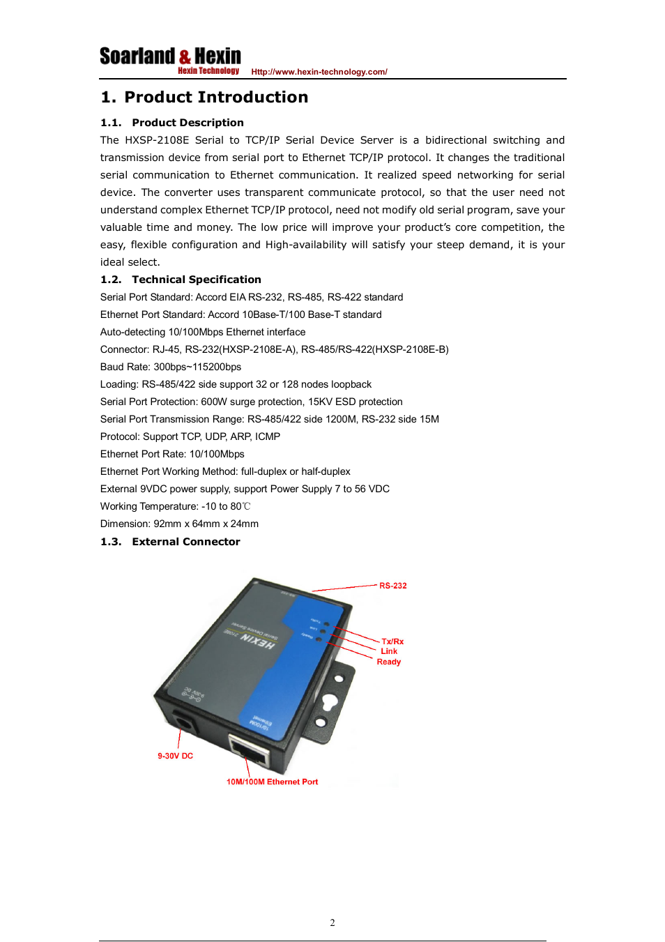 Product introduction | Hexin Technology HXSP-2108E-C Rackmount RS-485/RS-422 To Ethernet TCP/IP Serial Device Server User Manual | Page 3 / 9