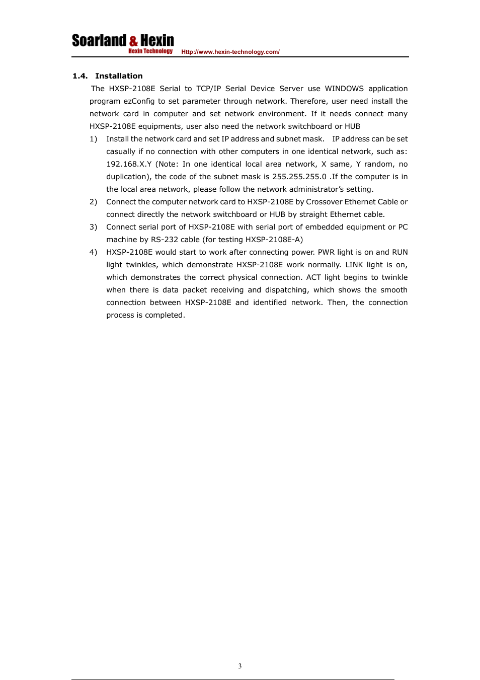 Hexin Technology HXSP-2108E-C Rackmount RS-485/RS-422 To Ethernet TCP/IP Serial Device Server User Manual | Page 4 / 9