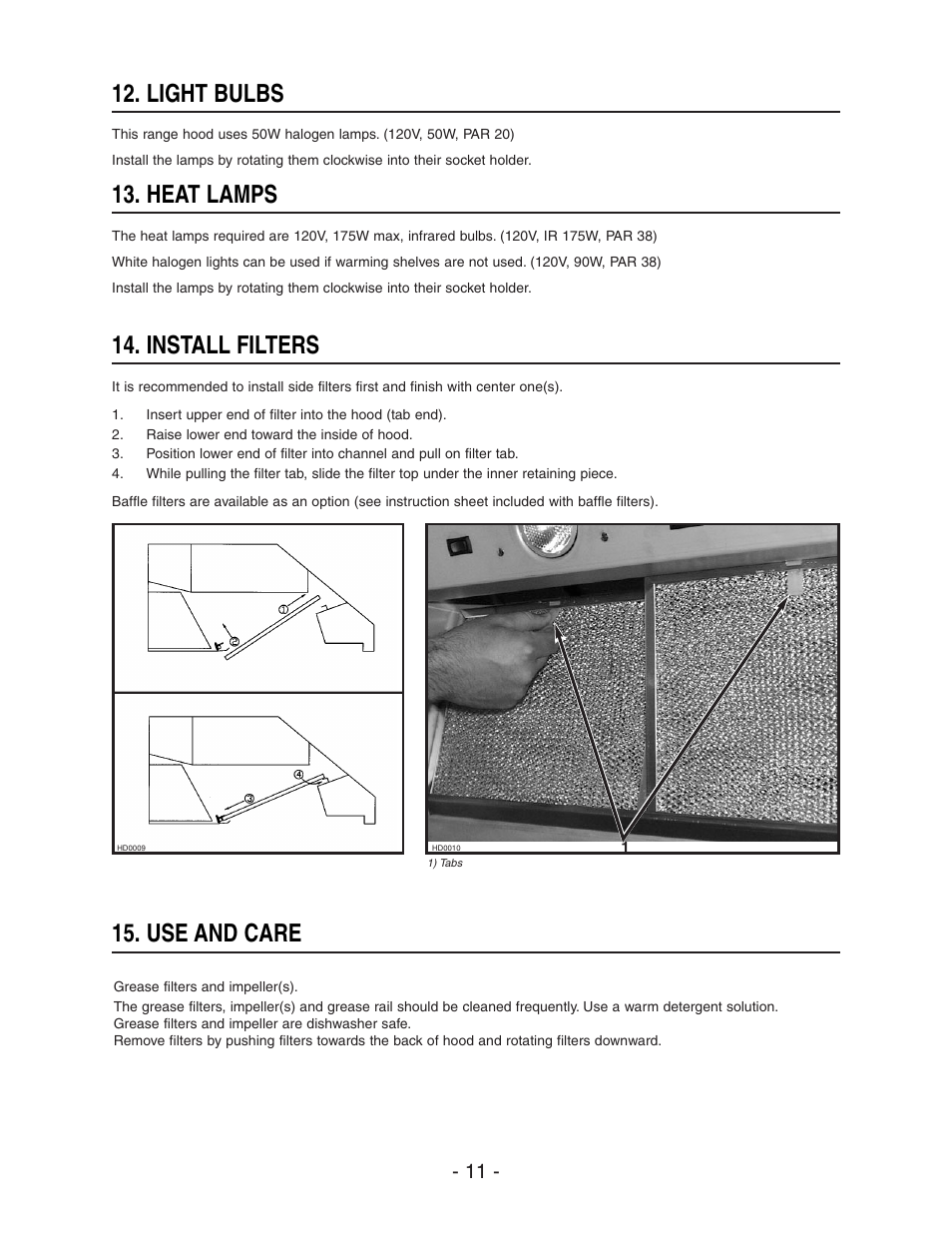 Light bulbs, Heat lamps, Install filters | Use and care | Broan 64000 User Manual | Page 11 / 16
