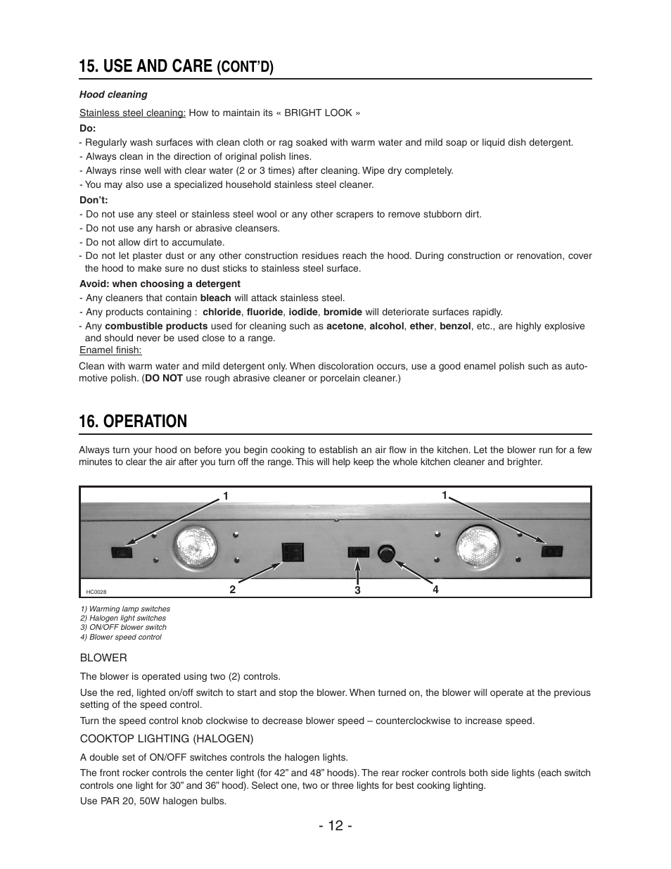 Use and care, Operation, Cont’d) | Broan 64000 User Manual | Page 12 / 16