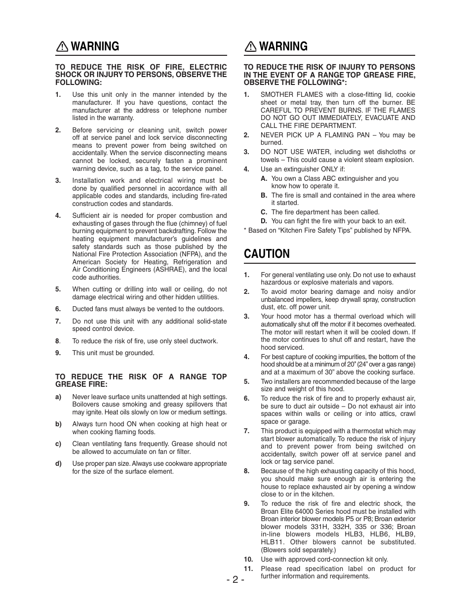 Warning, Caution | Broan 64000 User Manual | Page 2 / 16