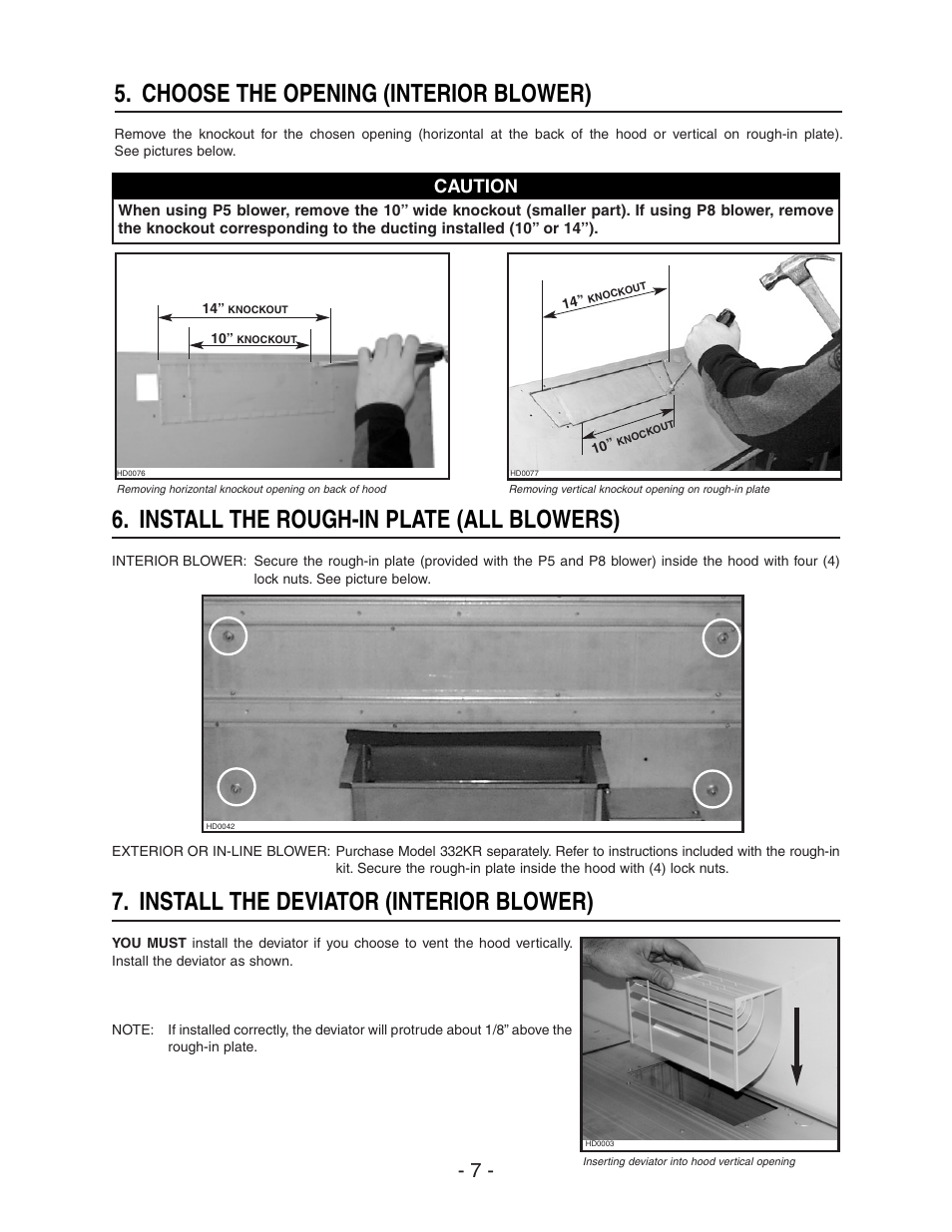 Choose the opening (interior blower), Install the rough-in plate (all blowers), Install the deviator (interior blower) | Caution | Broan 64000 User Manual | Page 7 / 16