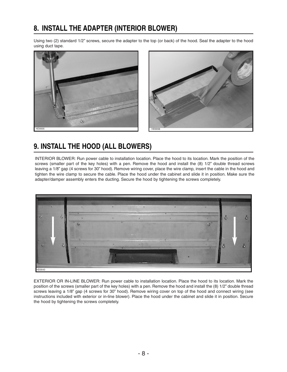 Install the adapter (interior blower), Install the hood (all blowers) | Broan 64000 User Manual | Page 8 / 16