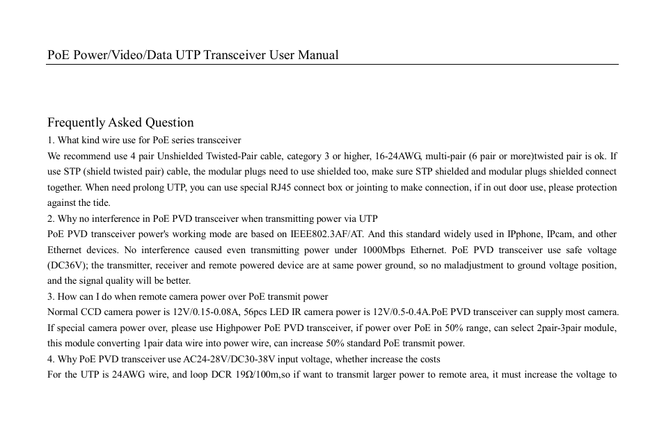 Poe power/video/data utp transceiver user manual, Frequently asked question | Hexin Technology HXVB-300R Active PoE UTP Data + Video Balun Receiver User Manual | Page 7 / 9