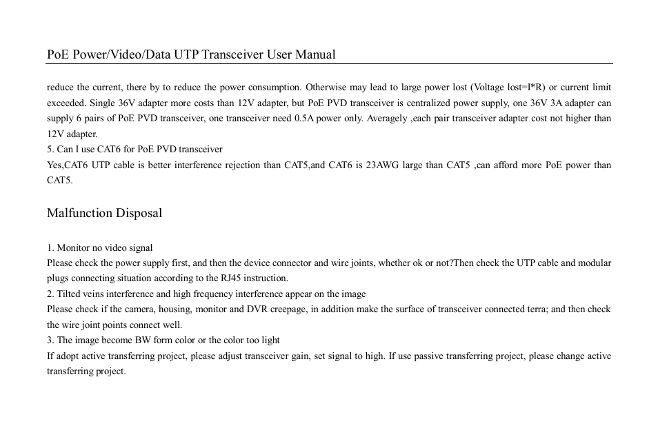 Poe power/video/data utp transceiver user manual, Malfunction disposal | Hexin Technology HXVB-300R Active PoE UTP Data + Video Balun Receiver User Manual | Page 8 / 9