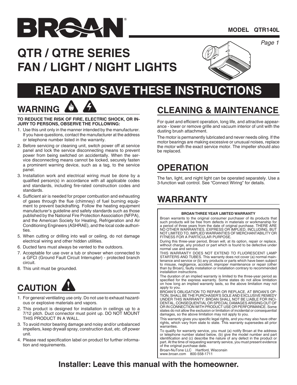 Broan QTR140L User Manual | 8 pages