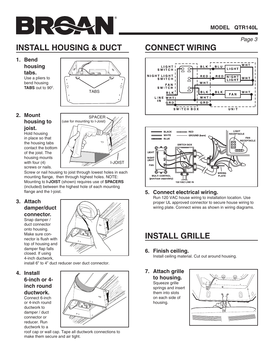 Connect wiring, Install housing & duct, Install grille | Broan QTR140L User Manual | Page 3 / 8