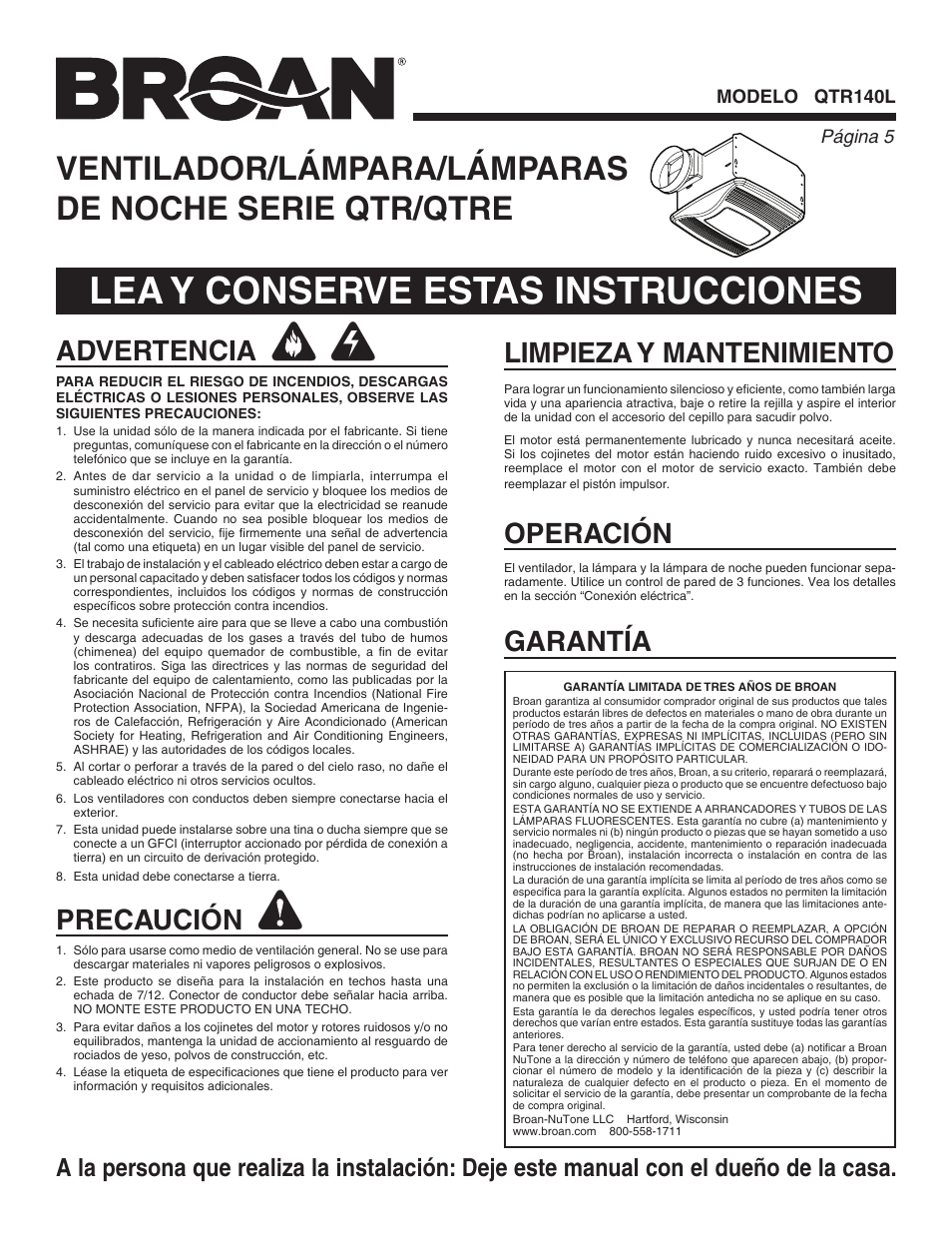 Lea y conserve estas instrucciones, Advertencia, Precaución | Limpieza y mantenimiento garantía, Operación, Página  modelo qtr140l | Broan QTR140L User Manual | Page 5 / 8