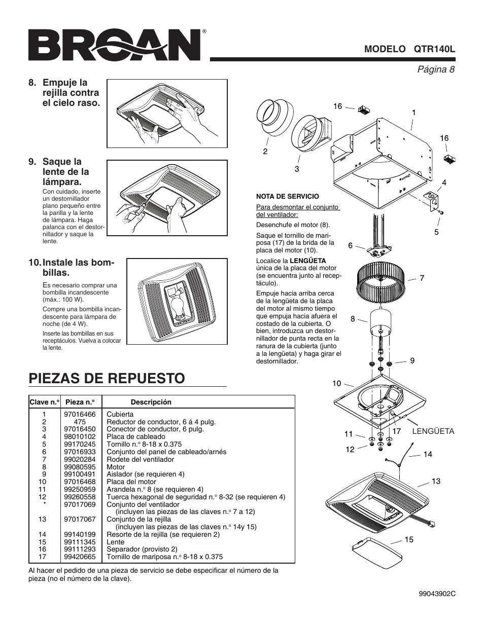 Piezas de repuesto, Página  modelo qtr140l, Saque la lente de la lámpara | Broan QTR140L User Manual | Page 8 / 8