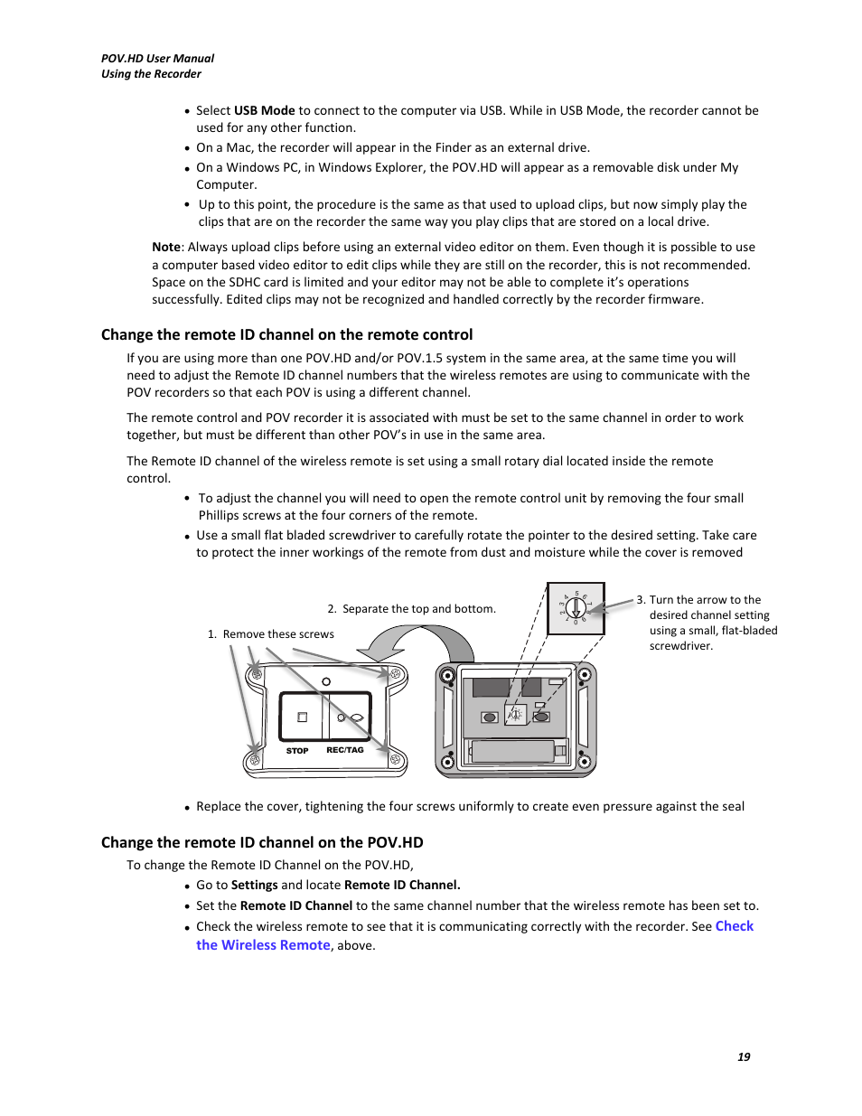 Change the remote id channel on the remote control, Change the remote id channel on the pov.hd, Check the wireless remote | Above | V.I.O. POV.HD User Manual User Manual | Page 22 / 47