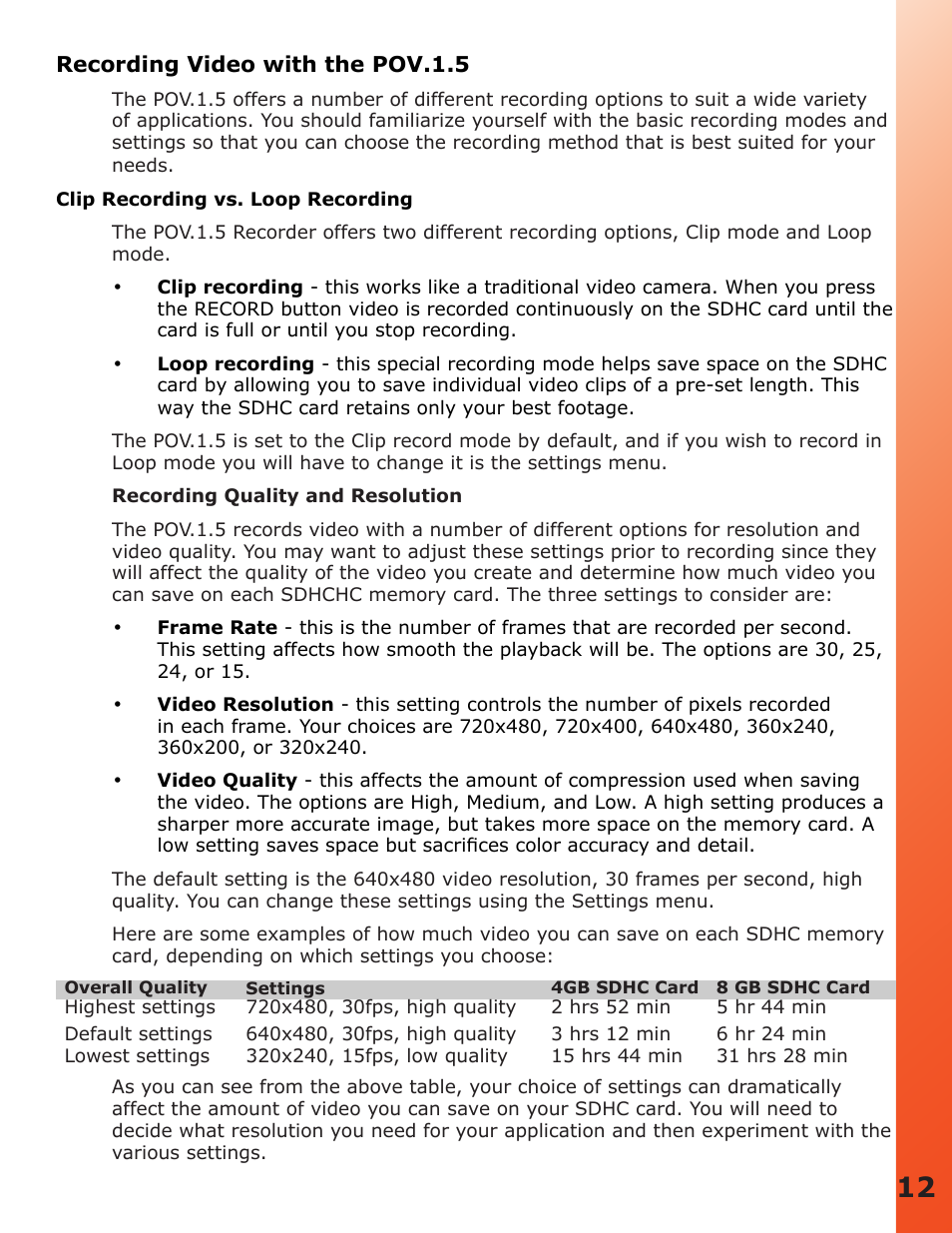 Recording video with the pov.1.5, Clip recording vs. loop recording | V.I.O. POV.1.5 User Manual | Page 12 / 34