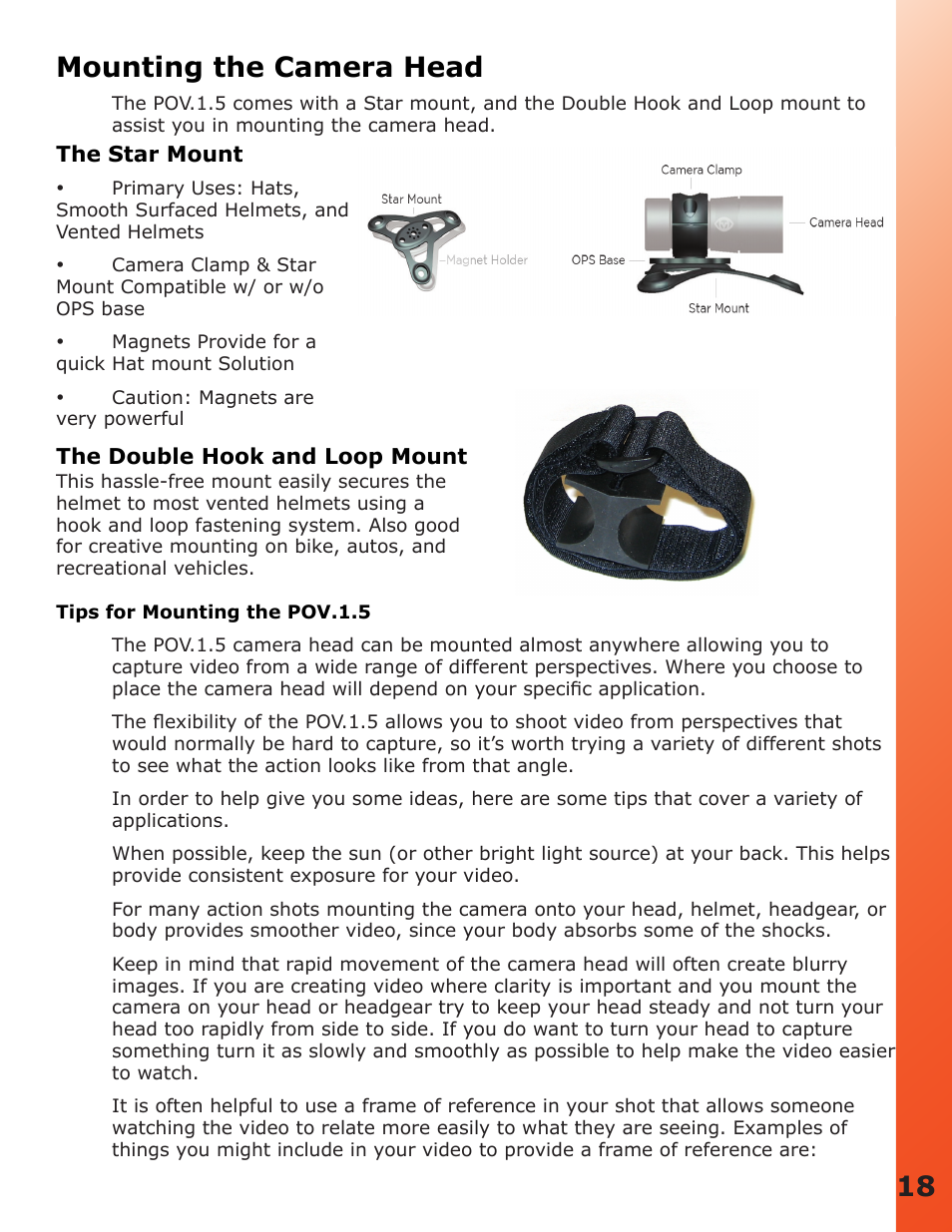 Mounting the camera head, Tips for mounting the pov.1.5, 18 mounting the camera head | V.I.O. POV.1.5 User Manual | Page 18 / 34