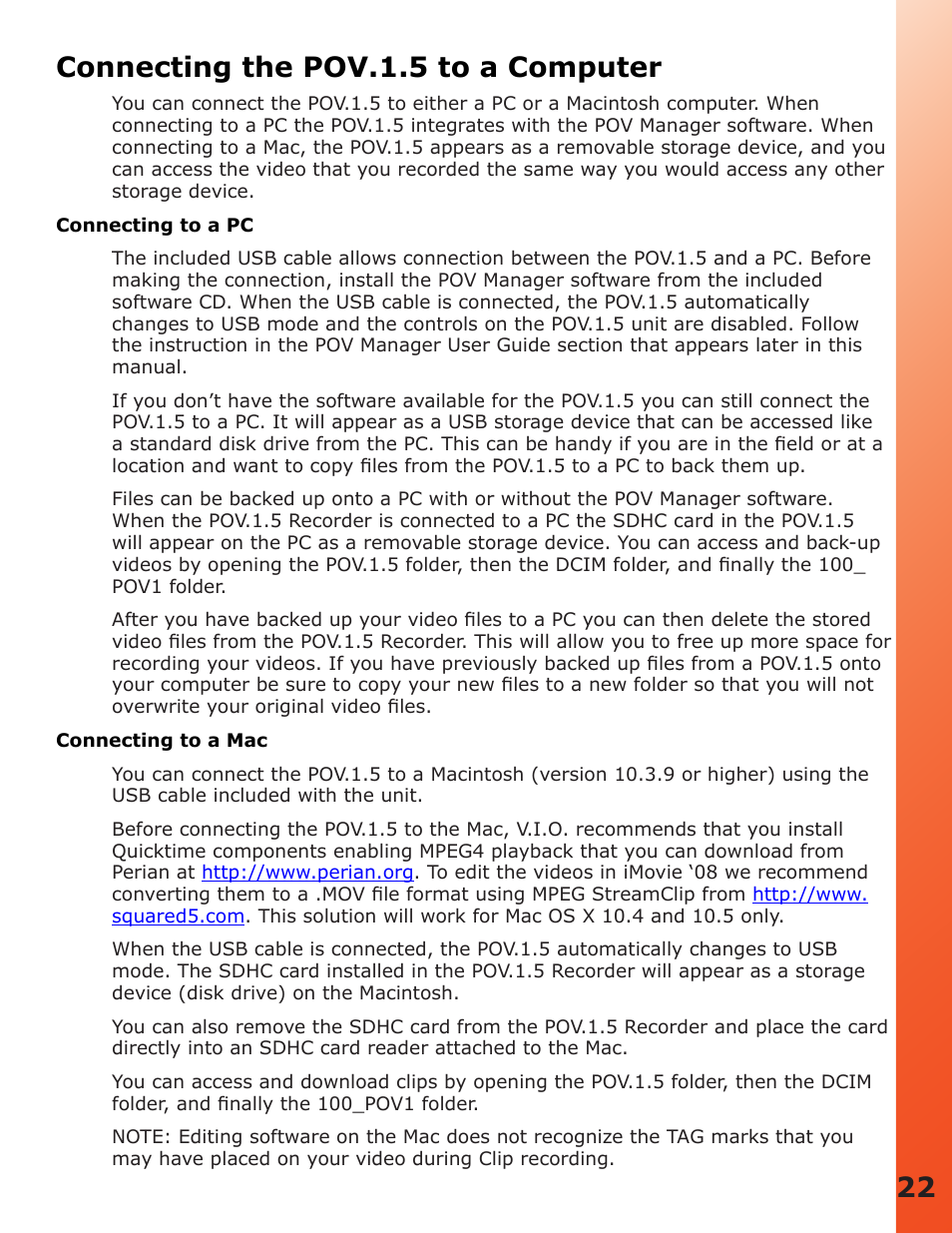 Connecting the pov.1.5 to a computer, 22 connecting the pov.1.5 to a computer | V.I.O. POV.1.5 User Manual | Page 22 / 34