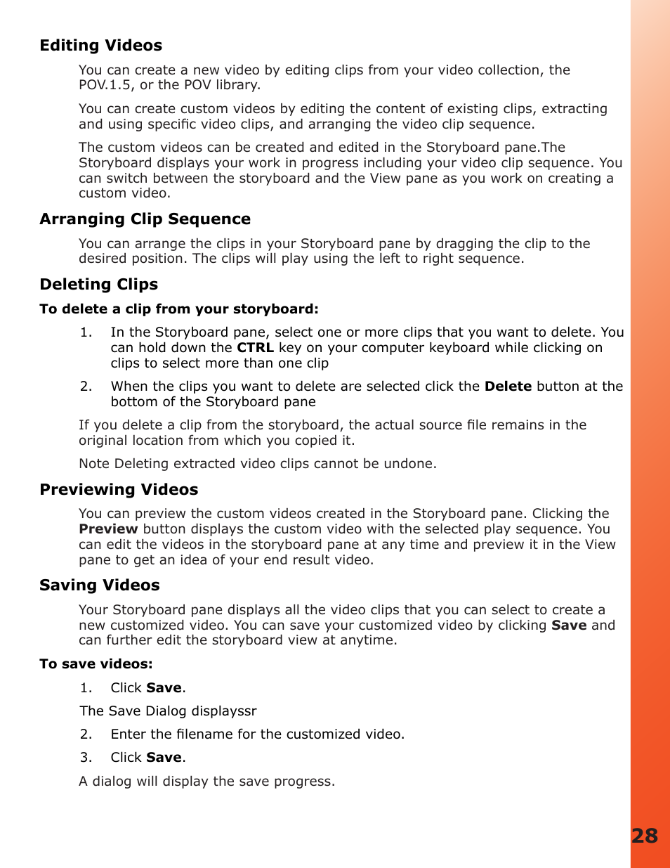 Deleting clips, Saving videos | V.I.O. POV.1.5 User Manual | Page 28 / 34