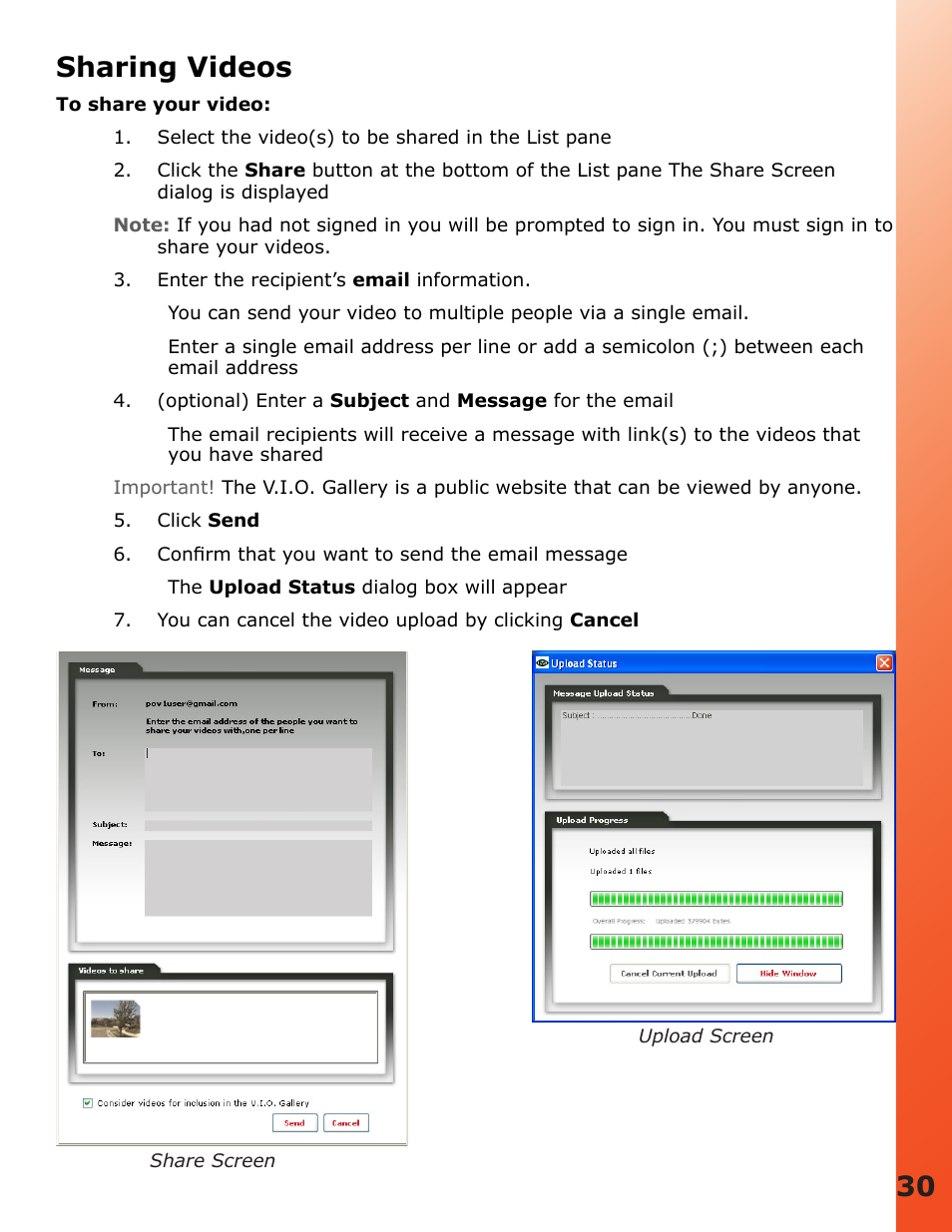 Sharing videos, 30 sharing videos | V.I.O. POV.1.5 User Manual | Page 30 / 34