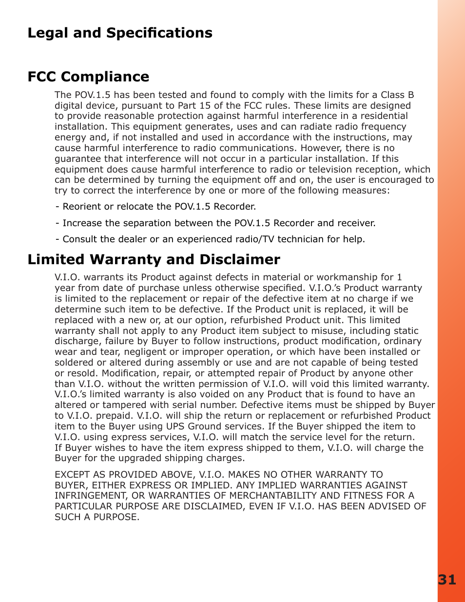 Legal and specifications, 31 legal and specifications fcc compliance, Limited warranty and disclaimer | V.I.O. POV.1.5 User Manual | Page 31 / 34