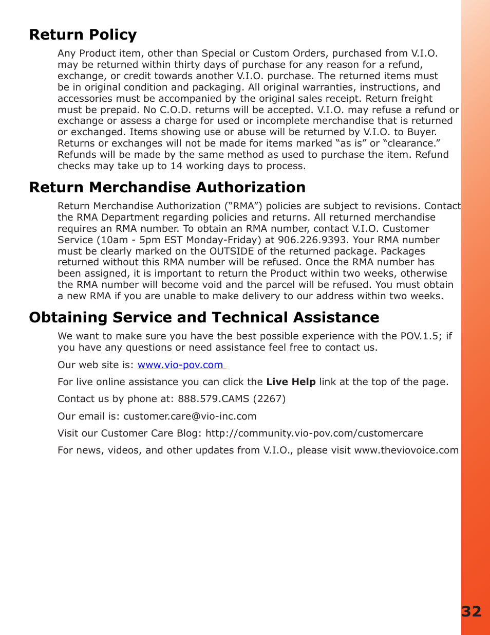 32 return policy, Return merchandise authorization, Obtaining service and technical assistance | V.I.O. POV.1.5 User Manual | Page 32 / 34