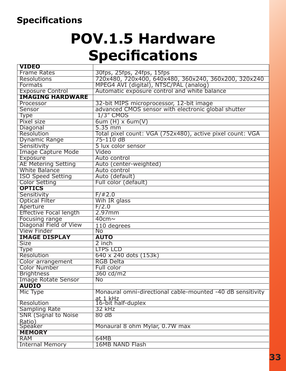 Pov.1.5 hardware specifications, 33 specifications | V.I.O. POV.1.5 User Manual | Page 33 / 34