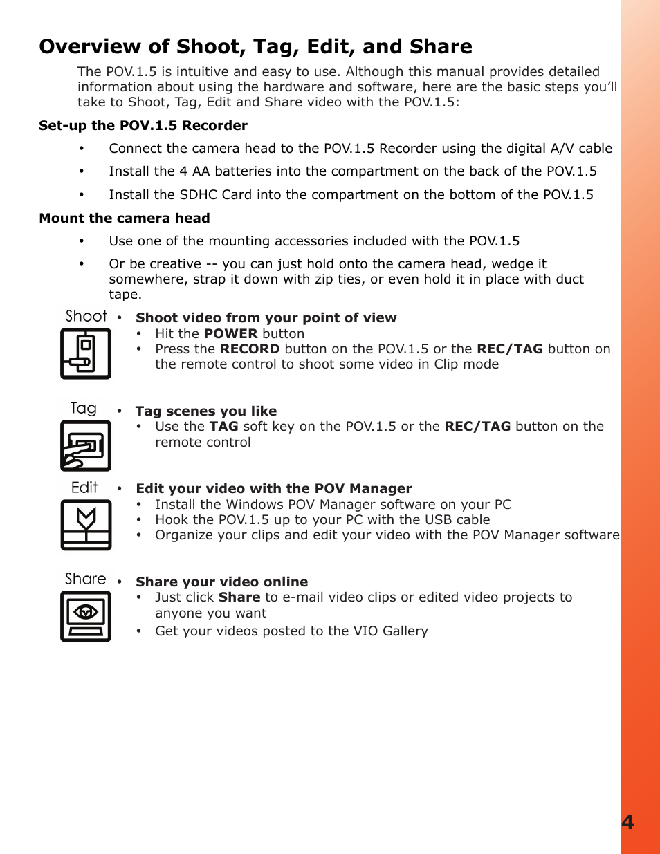 Overview of shoot, tag, edit, and share, Set-up the pov.1.5 recorder, Mount the camera head | 4overview of shoot, tag, edit, and share | V.I.O. POV.1.5 User Manual | Page 4 / 34