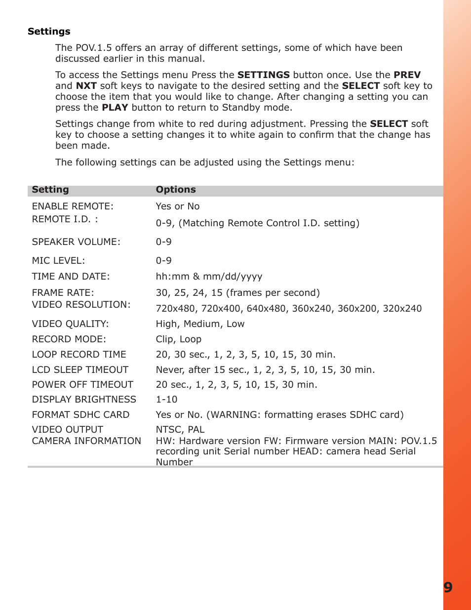 Settings | V.I.O. POV.1.5 User Manual | Page 9 / 34