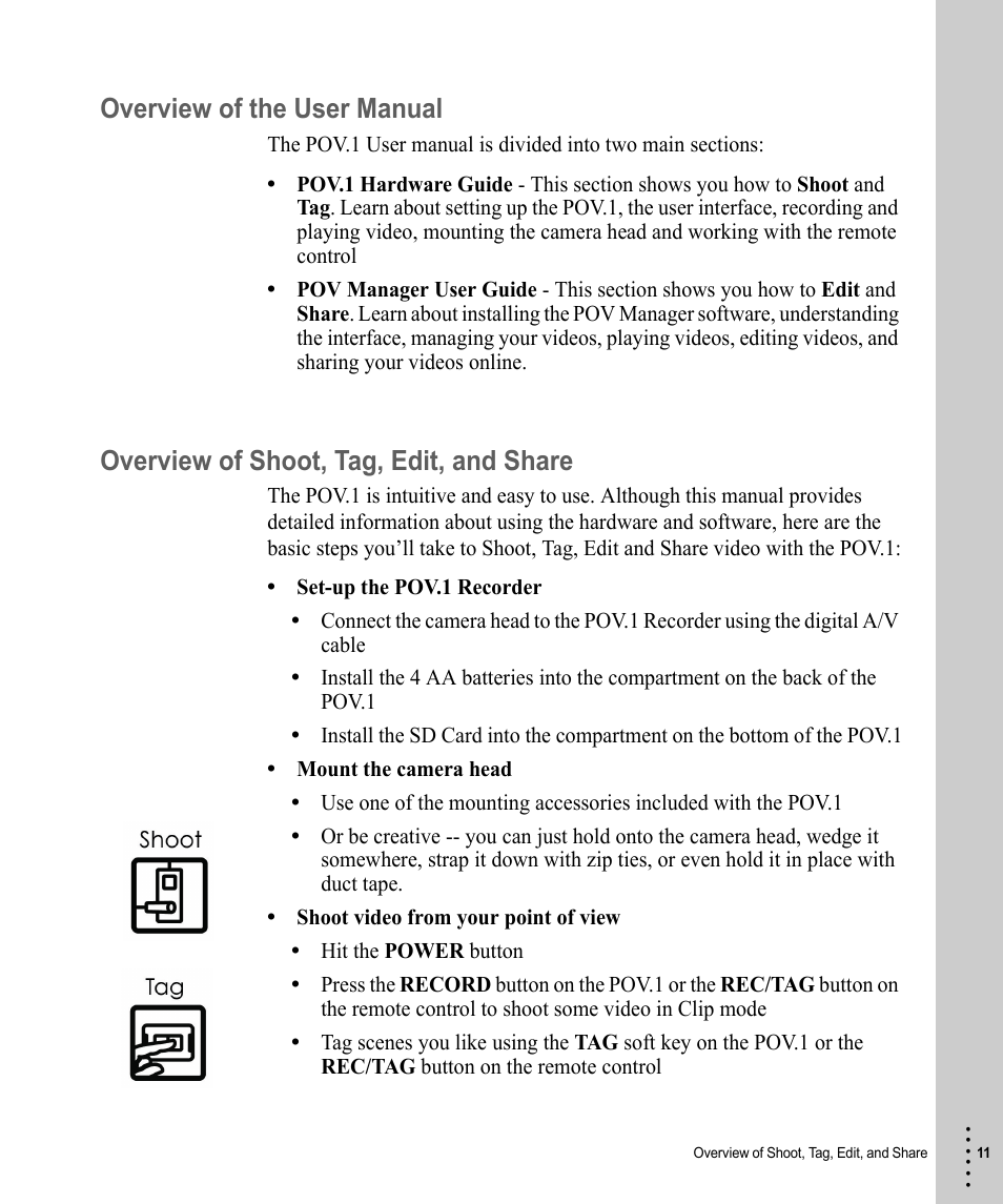 Overview of the user manual, Overview of shoot, tag, edit, and share | V.I.O. POV.1 User Manual | Page 11 / 74