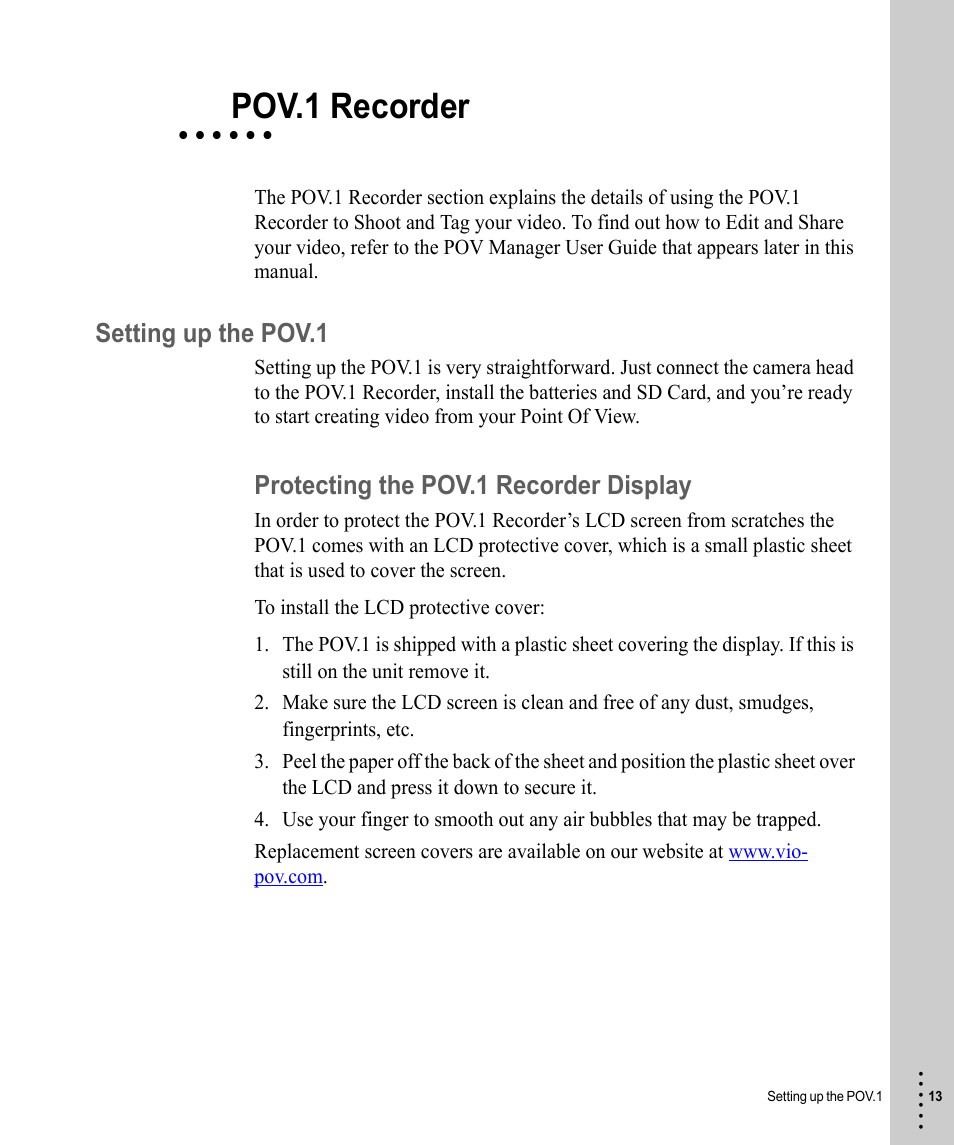 Pov.1 recorder, Setting up the pov.1, Protecting the pov.1 recorder display | V.I.O. POV.1 User Manual | Page 13 / 74
