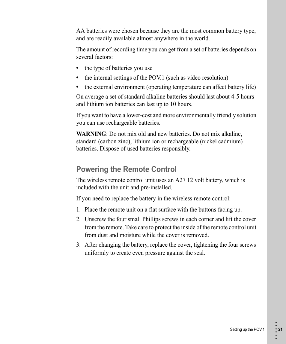Powering the remote control | V.I.O. POV.1 User Manual | Page 21 / 74