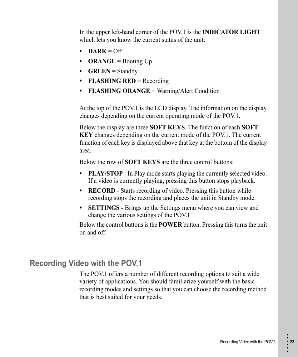 Recording video with the pov.1 | V.I.O. POV.1 User Manual | Page 23 / 74