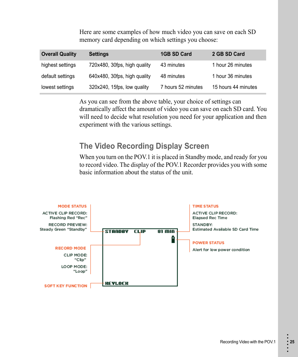 The video recording display screen | V.I.O. POV.1 User Manual | Page 25 / 74