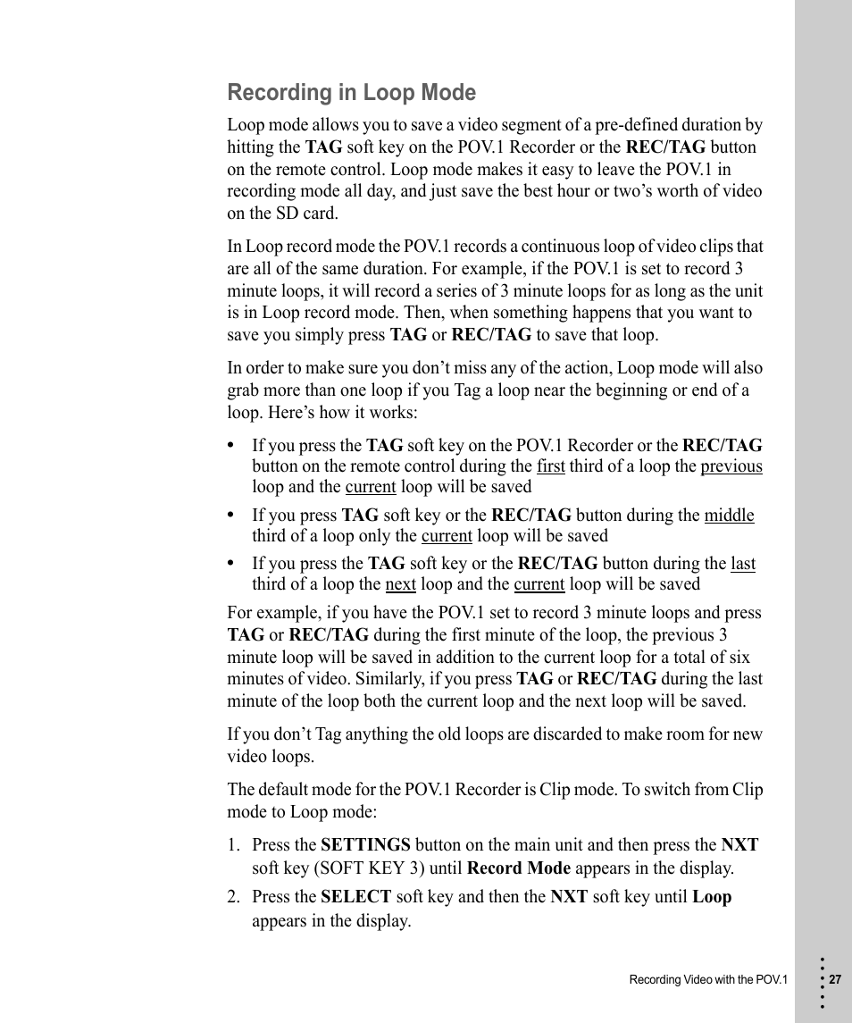 Recording in loop mode | V.I.O. POV.1 User Manual | Page 27 / 74