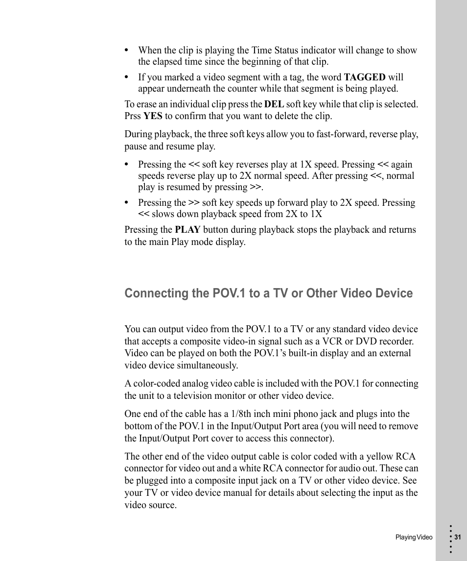 Connecting the pov.1 to a tv or other video device | V.I.O. POV.1 User Manual | Page 31 / 74