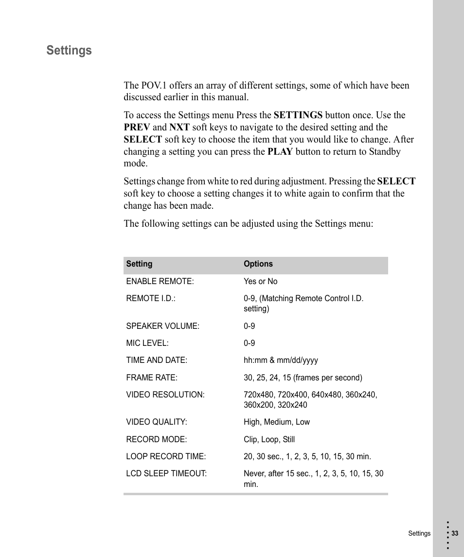 Settings | V.I.O. POV.1 User Manual | Page 33 / 74