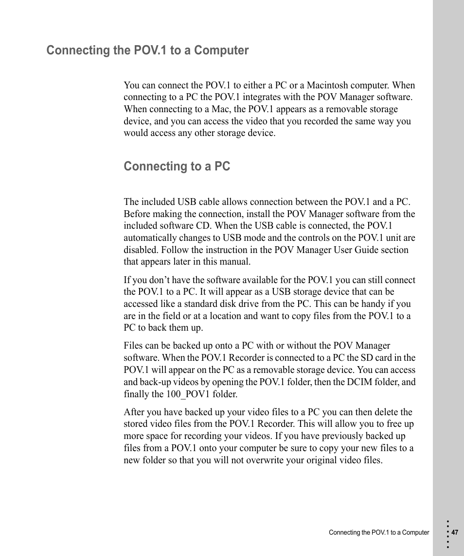 Connecting the pov.1 to a computer, Connecting to a pc | V.I.O. POV.1 User Manual | Page 47 / 74