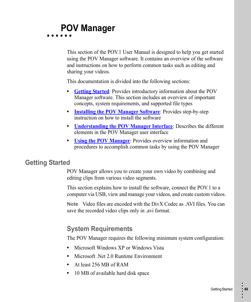 Pov manager, Getting started, System requirements | V.I.O. POV.1 User Manual | Page 49 / 74