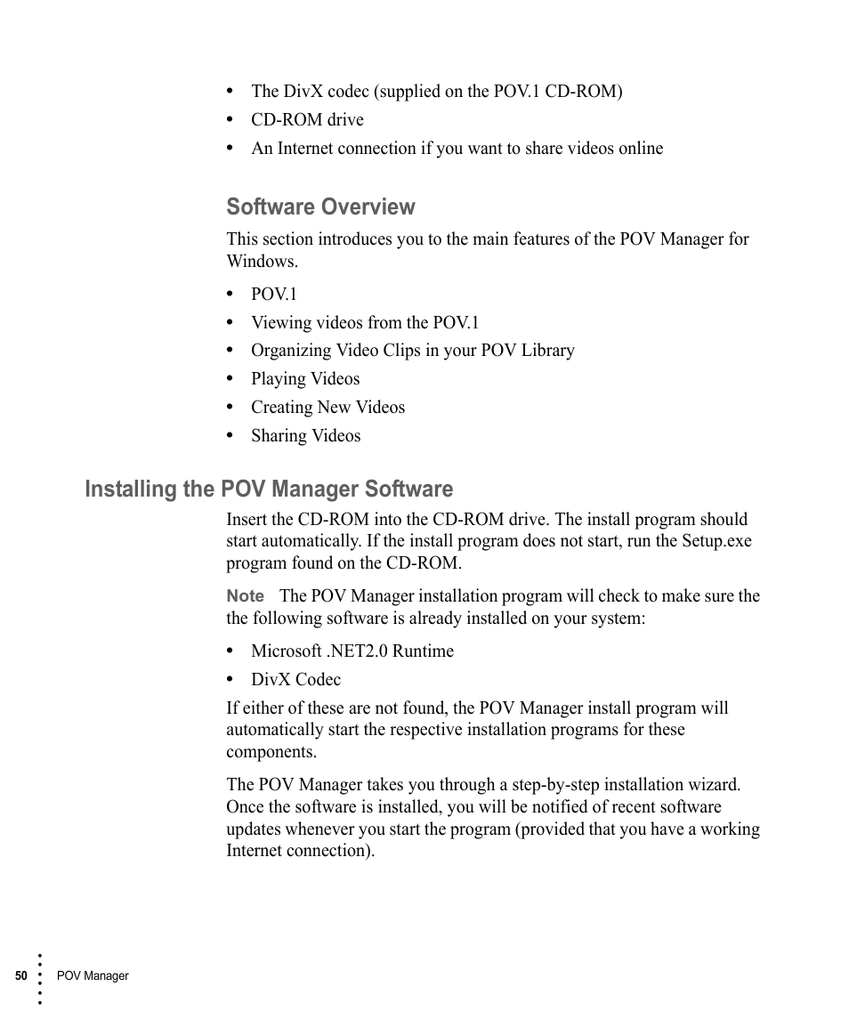 Software overview, Installing the pov manager software | V.I.O. POV.1 User Manual | Page 50 / 74