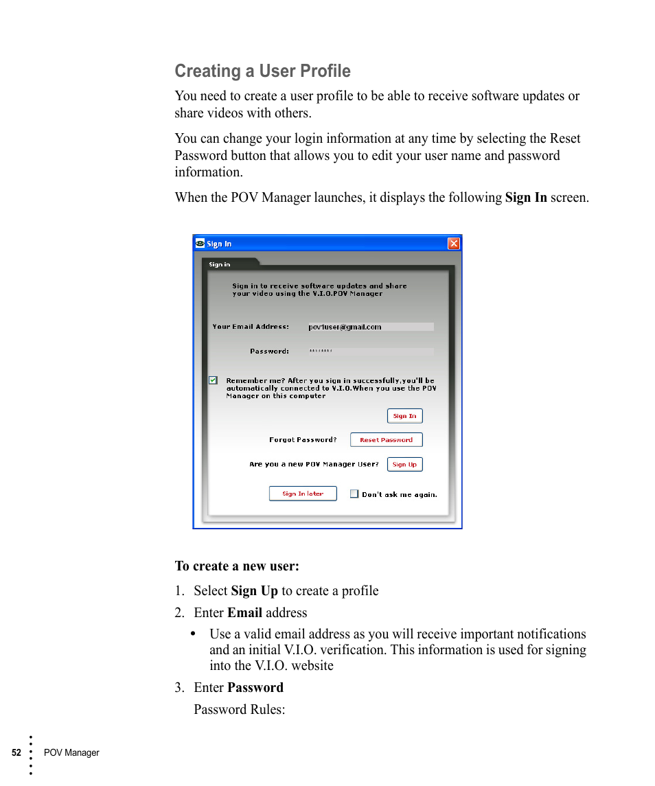 Creating a user profile | V.I.O. POV.1 User Manual | Page 52 / 74