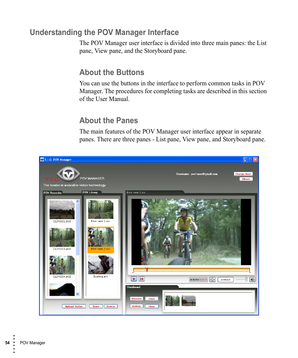Understanding the pov manager interface, About the buttons, About the panes | About the buttons about the panes | V.I.O. POV.1 User Manual | Page 54 / 74