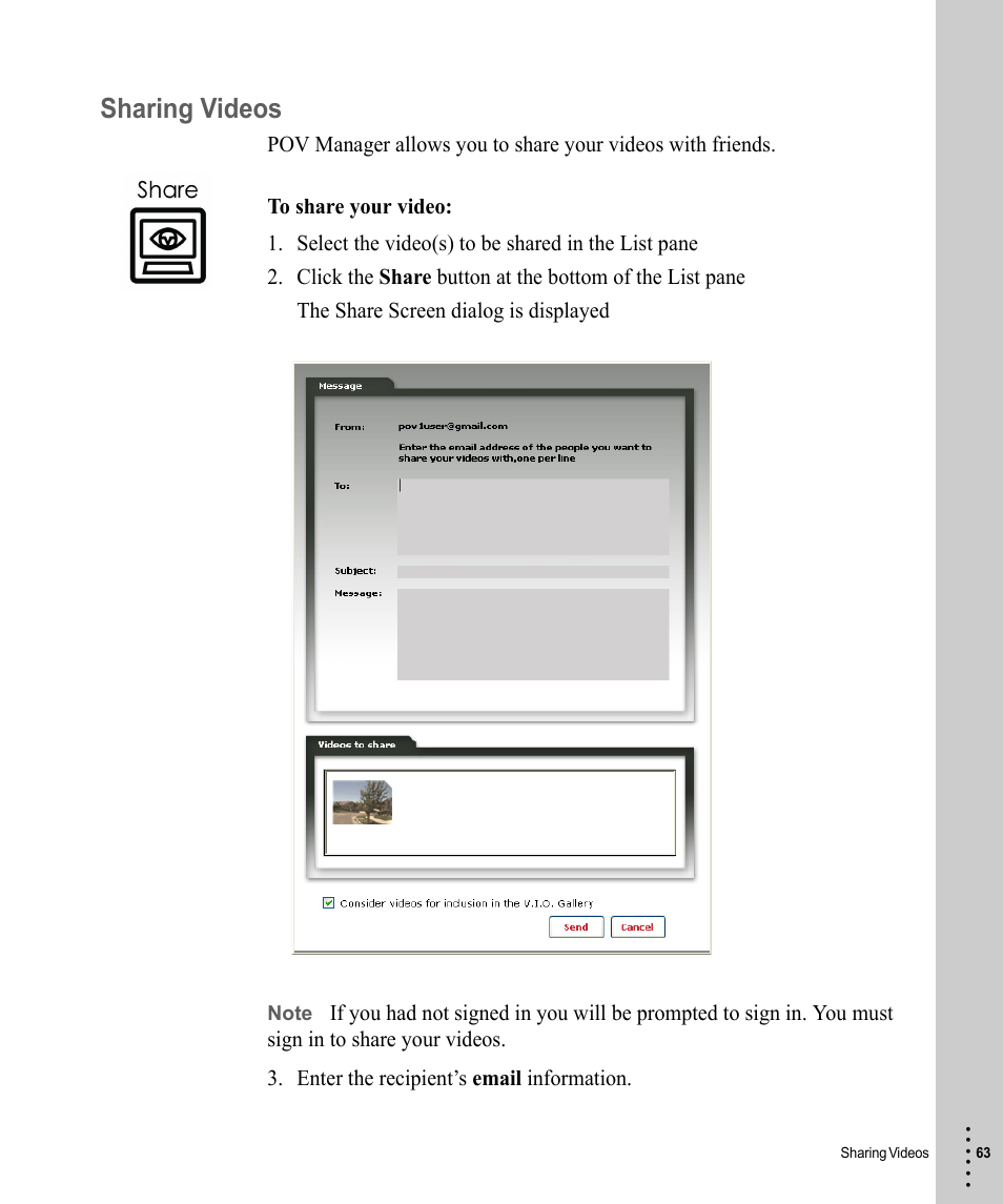 Sharing videos | V.I.O. POV.1 User Manual | Page 63 / 74