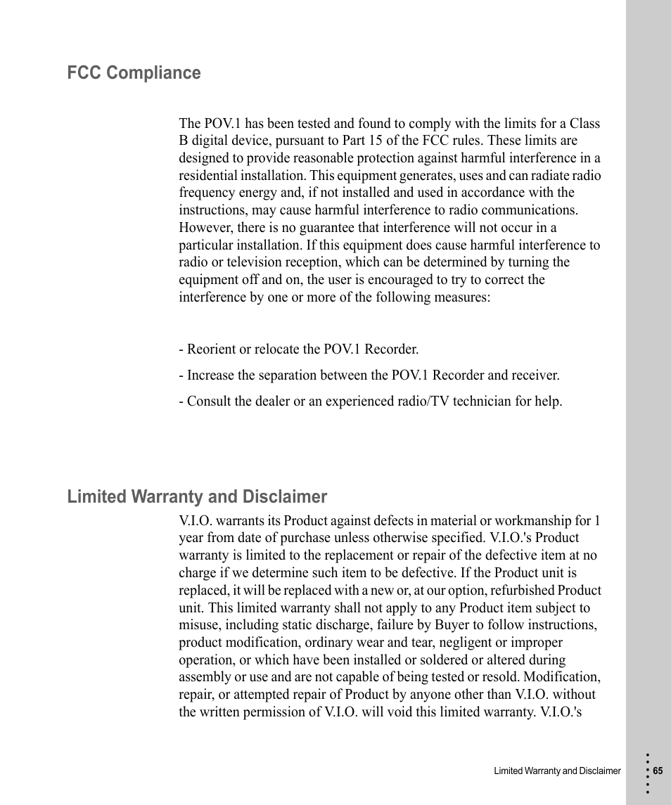 Fcc compliance, Limited warranty and disclaimer, Fcc compliance limited warranty and disclaimer | V.I.O. POV.1 User Manual | Page 65 / 74