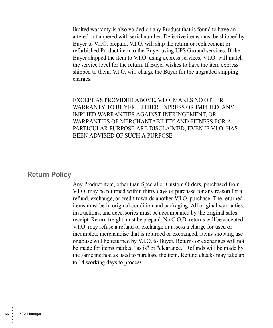 Return policy | V.I.O. POV.1 User Manual | Page 66 / 74