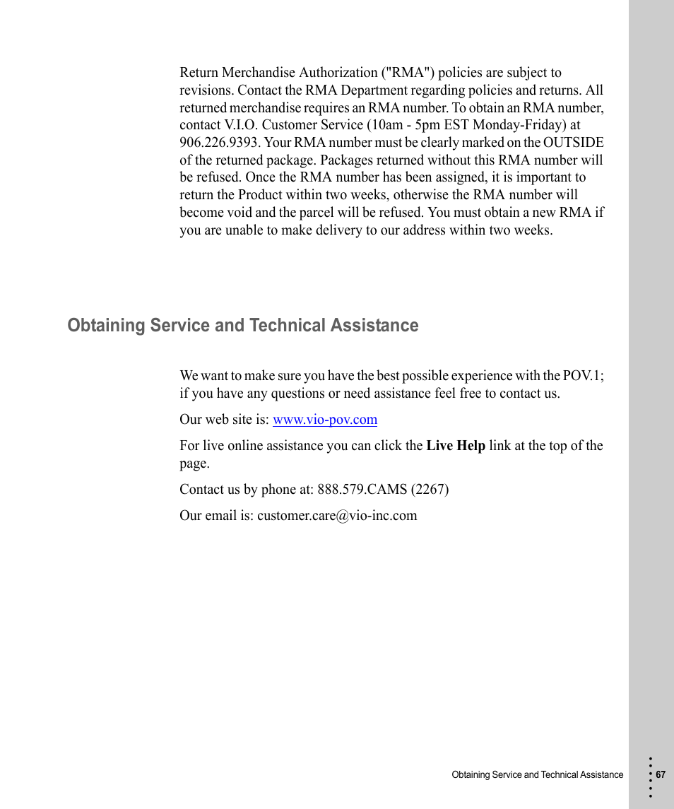 Obtaining service and technical assistance | V.I.O. POV.1 User Manual | Page 67 / 74