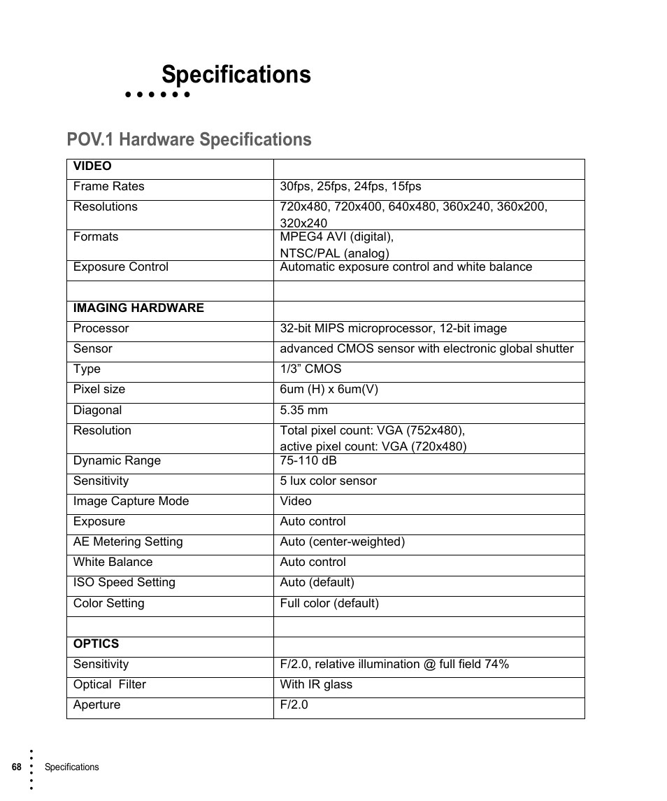 Specifications, Pov.1 hardware specifications | V.I.O. POV.1 User Manual | Page 68 / 74