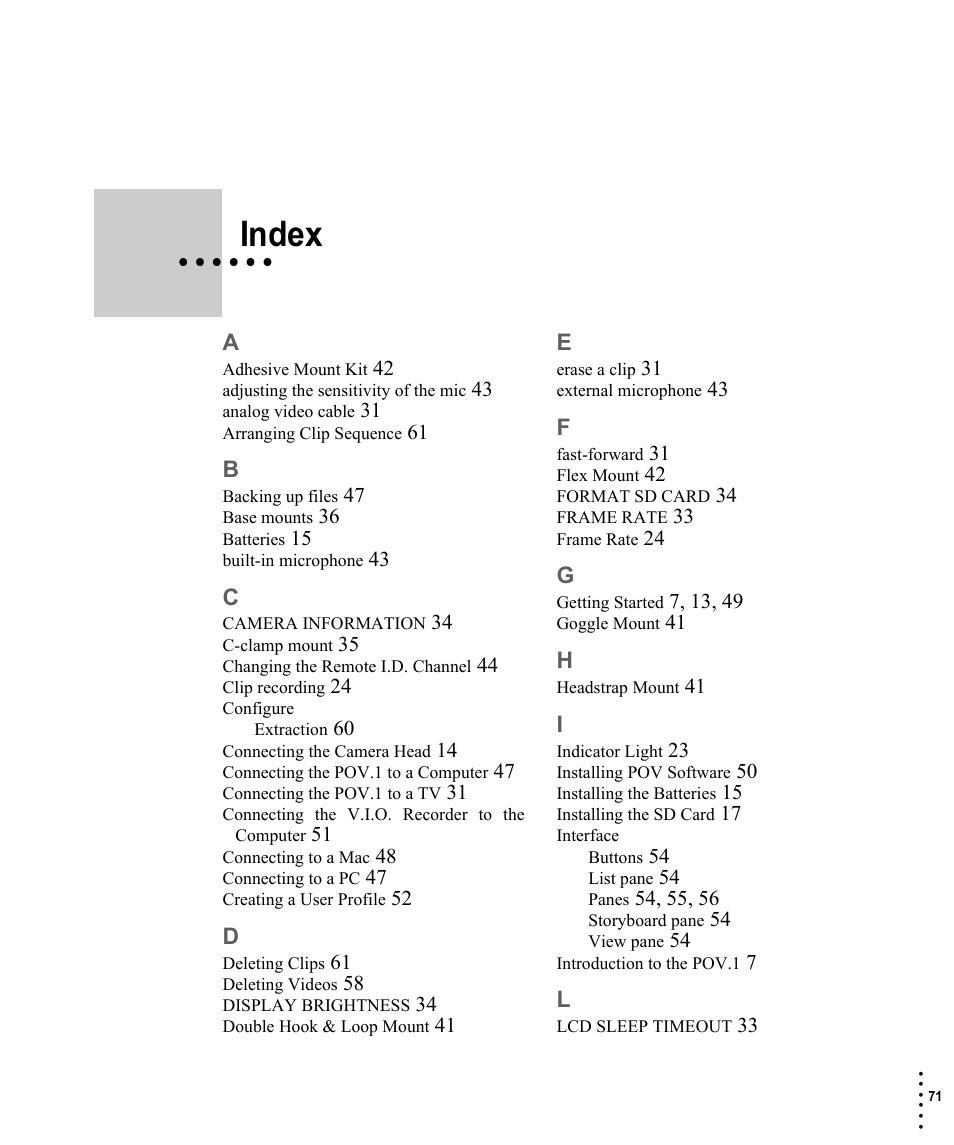 Index | V.I.O. POV.1 User Manual | Page 71 / 74